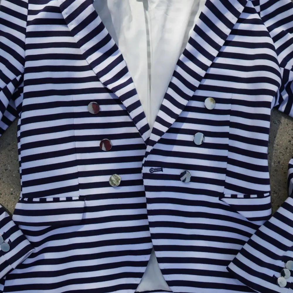 H&M Navy White Striped Blazer Gold Button Tailored Jacket Size 12 Preppy Work - Picture 2 of 15